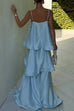 Karleedress Spaghetti Strap Ruffle Layered Satin Maxi Dress