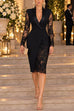 Karleedress V Neck Long Sleeves Back Slit Lace Patchwork Bodycon Dress