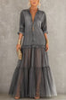 Karleedress Lapel Long Sleeves Organza Splice Ruffle Denim Maxi Dress