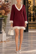 Karleedress V-Neck Contrast Trim Fringe Knit Sweater Dress (A)