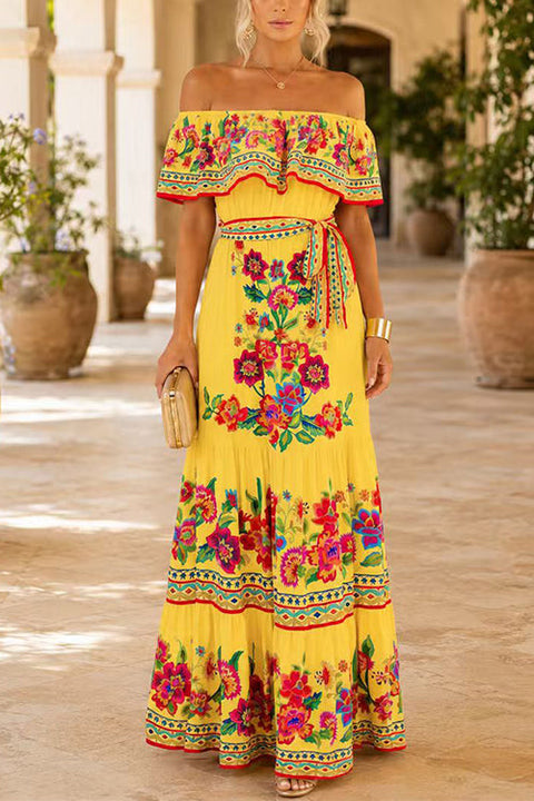 Karleedress Off Shoulder Floral Print Ruffle Swing Maxi Dress