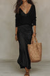 Karleedress V Neck Drop Shoulder Sweater and Satin Maxi Cami Dress Set