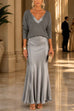 Karleedress V Neck Drop Shoulder Sweater and Satin Maxi Cami Dress Set (C)