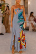 One Shoulder Floral Print Ruffle Hem Slit Maxi Dress