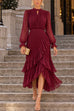 Karleedress Mock Neck Sheer Sleeve Pleated Ruffle High-Low Midi Dress (B)