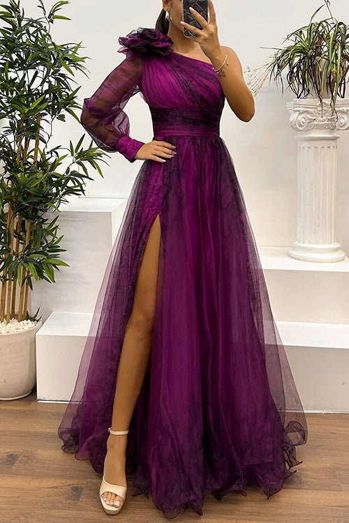 Karleedress One Shoulder Long Sleeve High Waist Printed Mesh Slit Maxi Dress