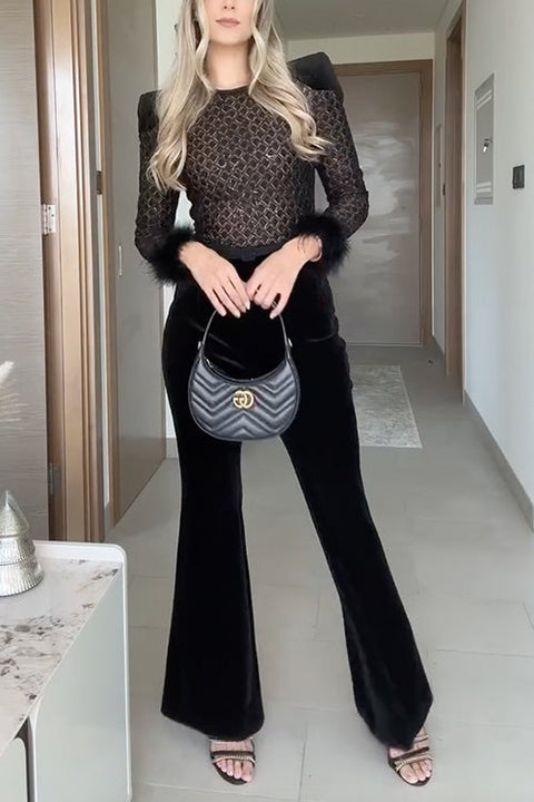 Karleedress Feather Cuffs Bell Bottom Velvet Splice Jumpsuit