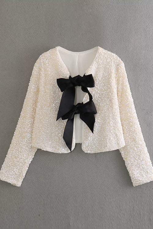 Karleedress Long Sleeves Bow Detail Shiny Sequin Top