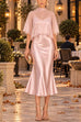 Karleedress Mock Neck Chiffon Cape Overlay Satin Midi Dress Set (D)