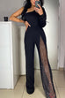 Karleedress Stylish One Shoulder Slit Long Sleeve Mesh Splice Wide Leg Jumpsuit