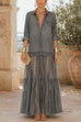 Karleedress Lapel Long Sleeves Organza Splice Ruffle Denim Maxi Dress