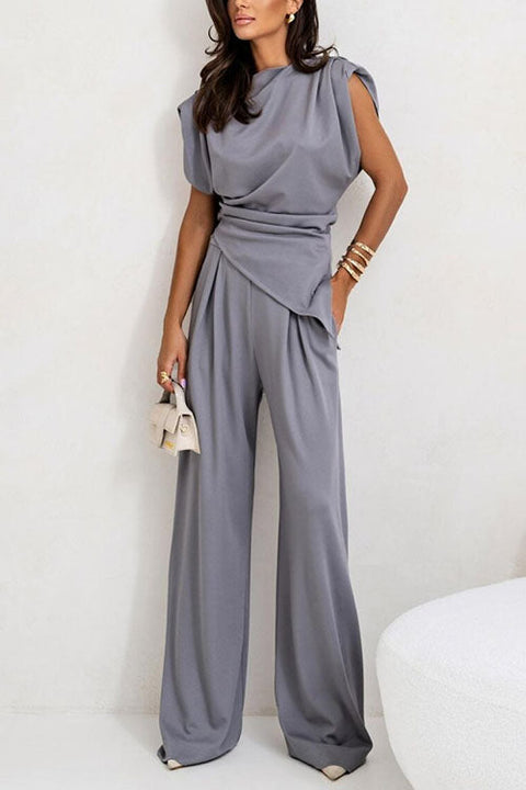 Karleedress Ruched Asymmetrical Top and Wide Leg Pants Set