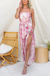 Strapless Floral Print Tie Waist Split Wide Leg Jumpsuit
