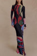 Boat Neck Long Sleeves Watercolor Print Maxi Dress