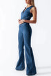 Karleedress Zip Up Sleeveless Heart Back Bell Bottom Denim Jumpsuit
