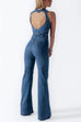 Karleedress Zip Up Sleeveless Heart Back Bell Bottom Denim Jumpsuit