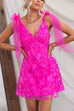 V Neck Bow Shoulder Floral Embroidered Mesh Mini Dress