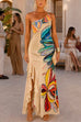 One Shoulder Sleeveless Floral Print Ruffle Hem Maxi Dress