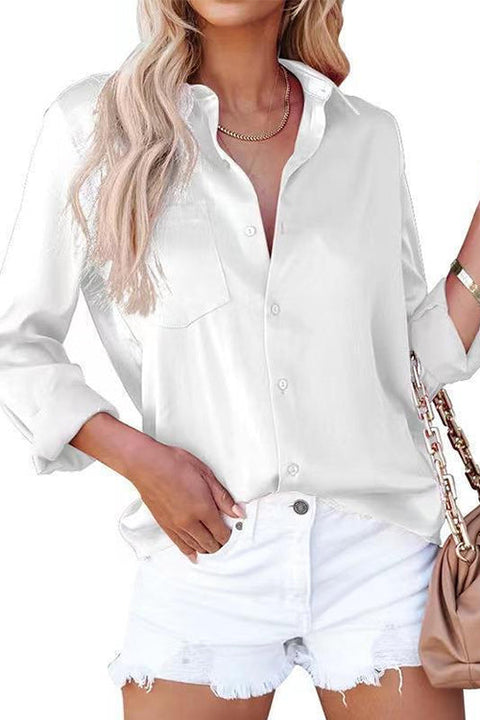 Karleedress Lapel Long Sleeves Button Down Satin Shirt