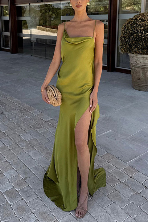 Karleedress High Slit Back Drape Cascading Satin Maxi Cami Dress