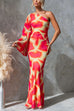 One Shoulder Bell Sleeve Backless Printed Maxi Dress