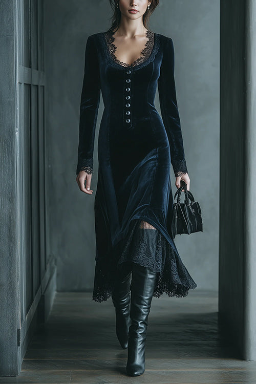 V Neck Button Up Long Sleeves Lace Trim Velvet Midi Dress