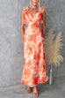 V Neck Back Lace-up Ruffle Trim Floral Print Maxi Dress