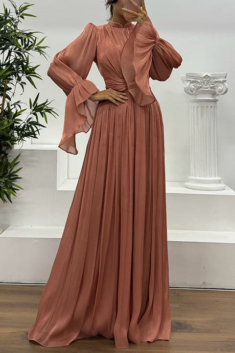 Flare Long Sleeves Twist Front Ruched Flowy Maxi Dress