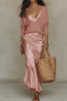 Karleedress V Neck Drop Shoulder Sweater and Satin Maxi Cami Dress Set
