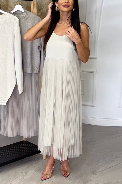 U Neck Sleeveless Splice Pleated Maxi Dress