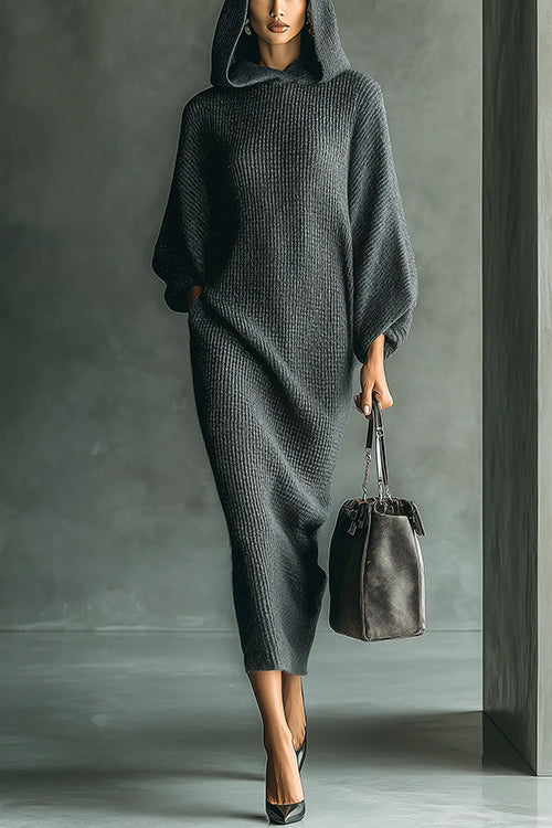 Long Sleeves Ribbed Knit Hooded Midi Sweater Dress