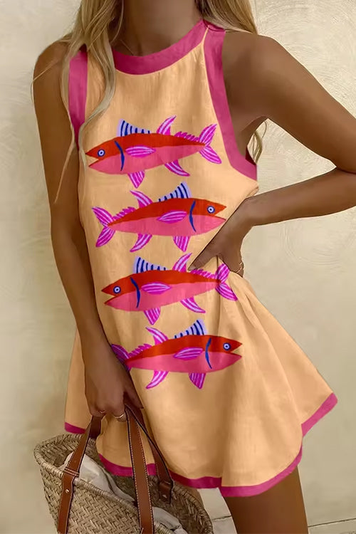 Karleedress Sleeveless Cartoon Fish Print Color Block Mini Dress