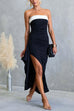 Strapless Draped Slit Color Block Maxi Dress