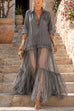 Karleedress Lapel Long Sleeves Organza Splice Ruffle Denim Maxi Dress