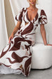 V Neck Puff Short Sleeves Printed Maxi Dress