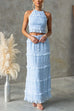 Karleedress Frill Trim Halter Backless Crop Top and Drawstring Waist Maxi Skirt Set