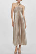 Halter Neck Pleated Metallic Maxi Dress