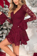 V Neck Bell Long Sleeves Ruffle Lace Mini Dress