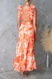 V Neck Back Lace-up Ruffle Trim Floral Print Maxi Dress