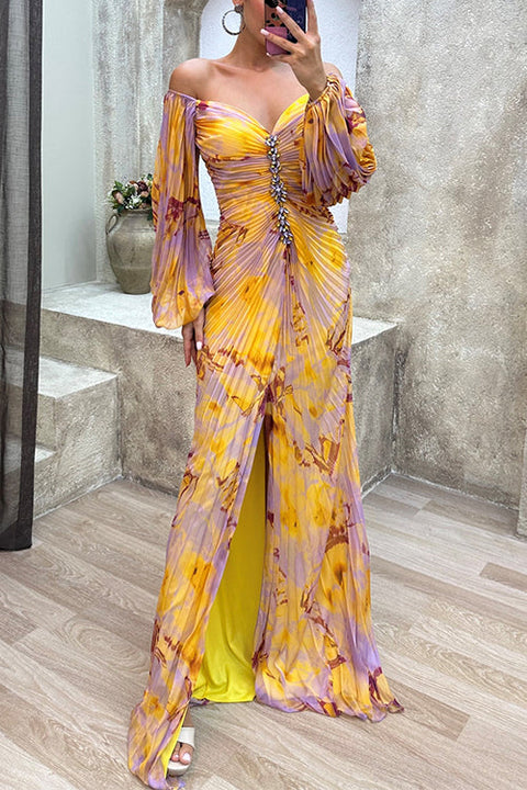 Karleedress Off Shoulder Lantern Long Sleeves Printed Slit Pleated Maxi Dress
