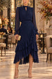 Karleedress Mock Neck Sheer Sleeve Pleated Ruffle High-Low Midi Dress (B)