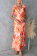 V Neck Back Lace-up Ruffle Trim Floral Print Maxi Dress