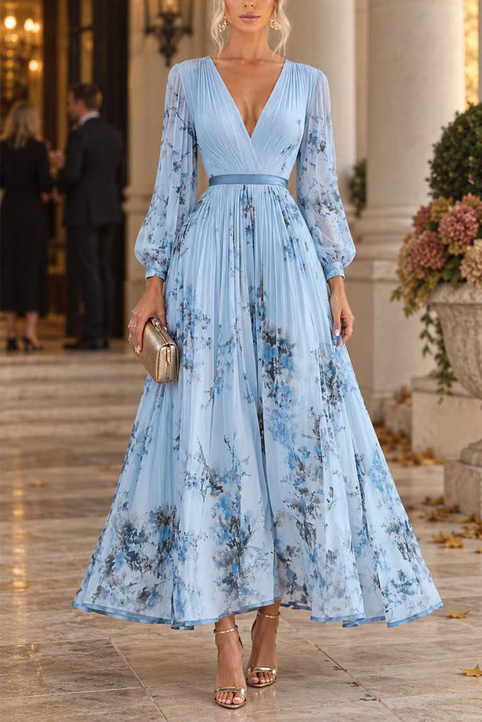 Karleedress V Neck Lantern Long Sleeves Floral Print Pleated Maxi Dress (C)