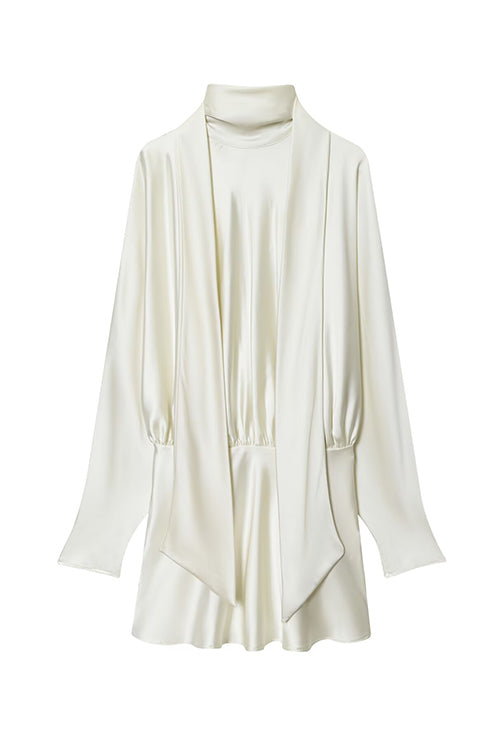 Karleedress High Neck Long Sleeves Satin Mini Dress with Scarf