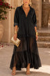Karleedress Lapel Long Sleeves Organza Splice Ruffle Denim Maxi Dress