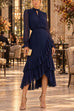 Karleedress Mock Neck Sheer Sleeve Pleated Ruffle High-Low Midi Dress (A)