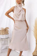 High Neck Sleeveless Waisted Satin Midi Dress