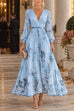 Karleedress V Neck Lantern Long Sleeves Floral Print Pleated Maxi Dress (B)
