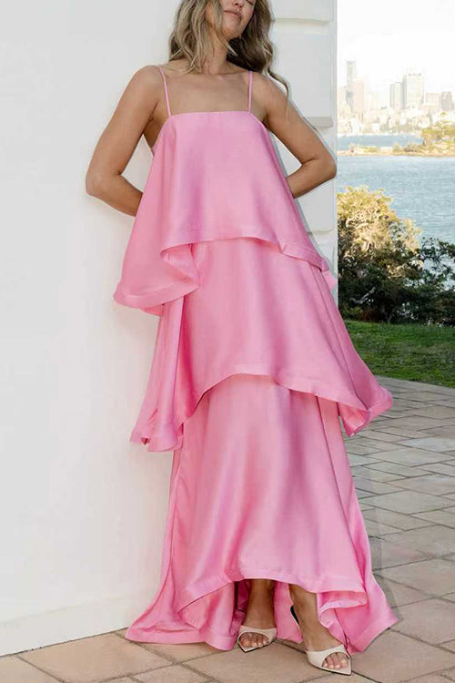 Karleedress Adjustable Strap Ruffle Layered Satin Maxi Dress