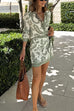Long Sleeves Blouse Shirt and Tie Waist Wrap Mini Skirt Unique Print Set